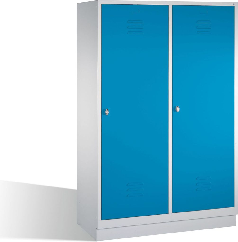 Garderobenschrank, eine Tür über zwei Abteile, BxTxH 1190x500x1800 mm, 4 Abt., Abt.B 300 mm, Sockel, Drehriegel, RAL 7035/5012
