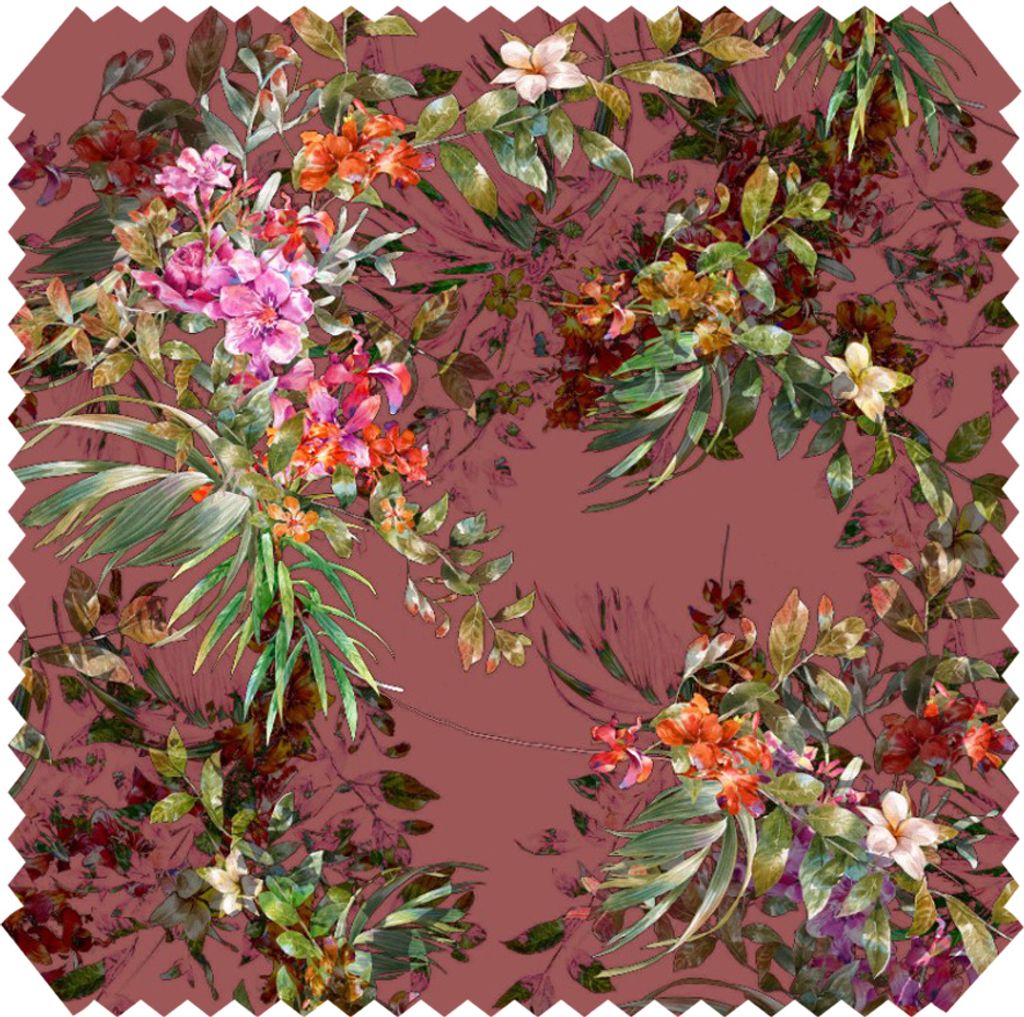 novely PAPAYA Velours mit Palmen und Blumen - Samtiger Möbelstoff - Robuster Polsterstoff - Pflegeleichte Meterware 1lfm - Farbe: 01 Altrosa