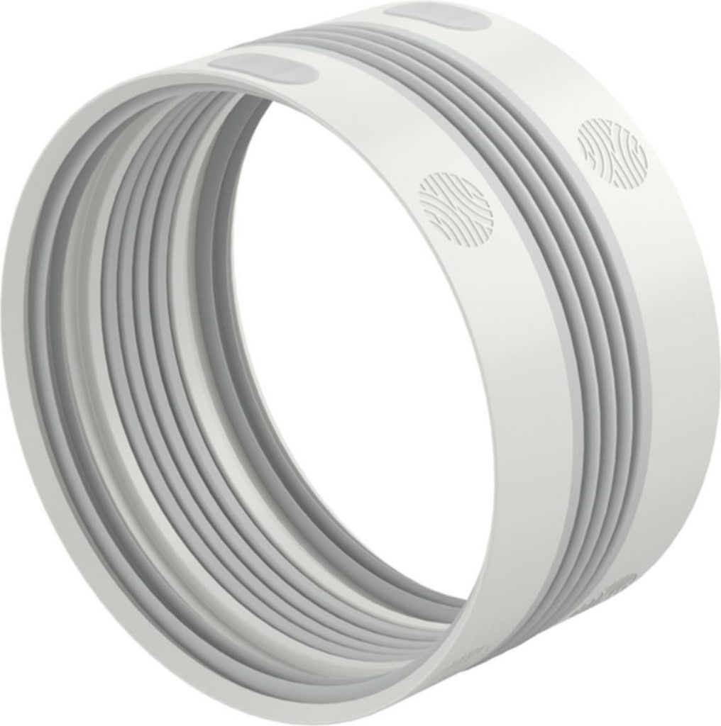 A studio shot of a white and gray cylindrical connector with ribbed interior.