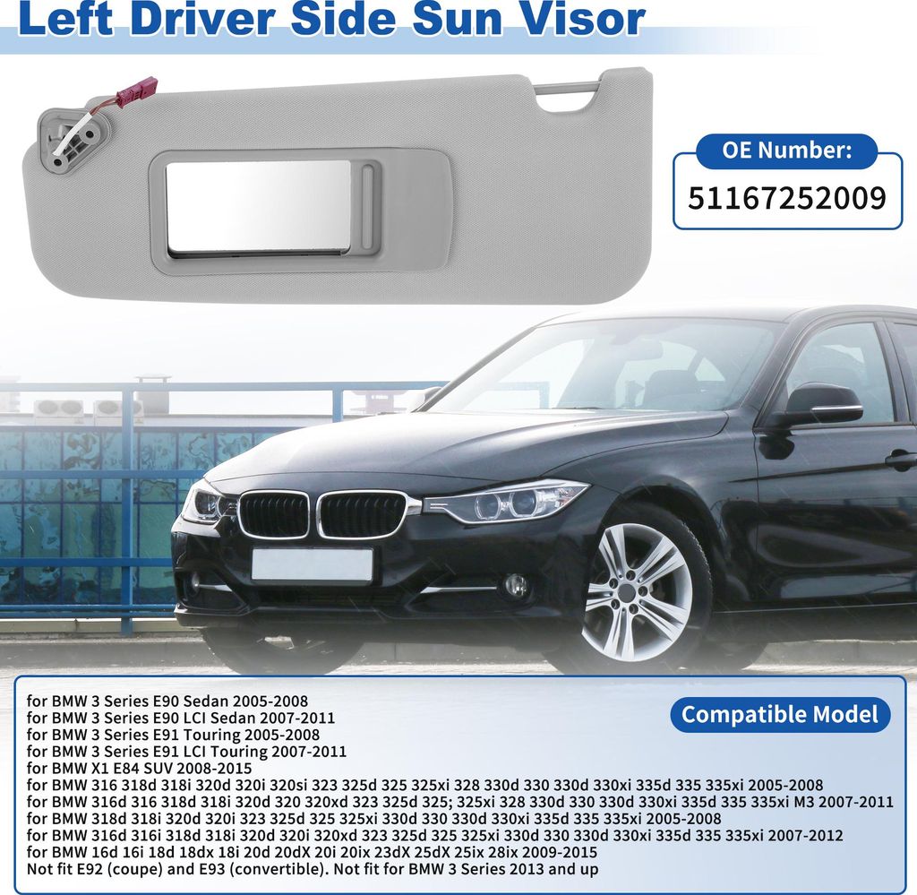 Linke Sonnenblende Für BMW 3 Series E90 Sedan/E91 Touring 2005-2008 Für BMW X1 E84 SUV 2008-2015 Sonnenblenden-Set Ersatz Nr 51167252009 Grau