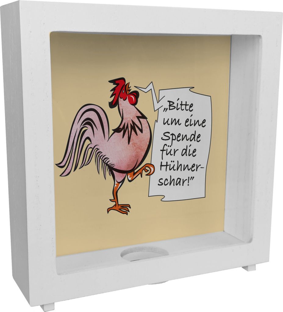 Rahmen Spardose aus Holz mit Hahn Motiv in rot zum Thema Produktbild 