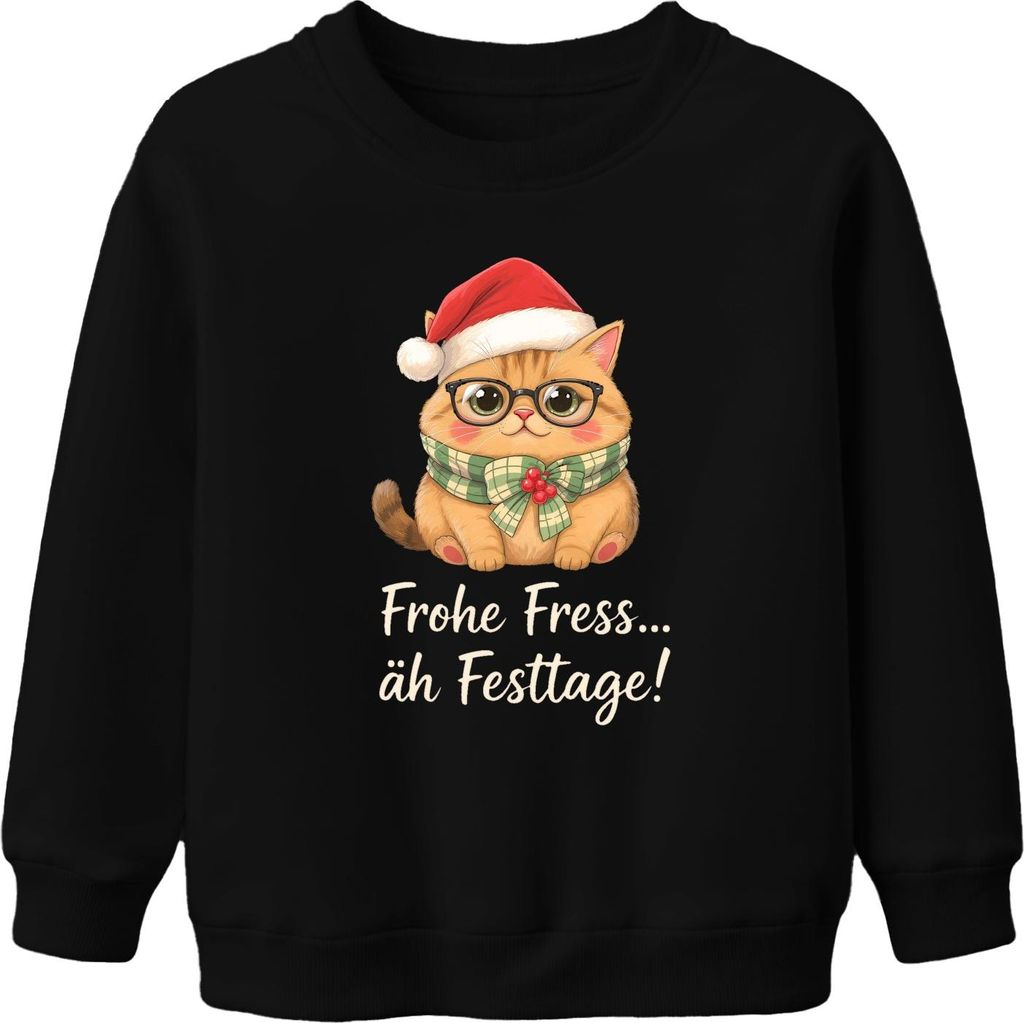 Frohe Fress äh Festtage Weihnachtskatze lustig Geschenk Niedlich Uni Kinder Sweatshirt Pullover, Schwarz, 104