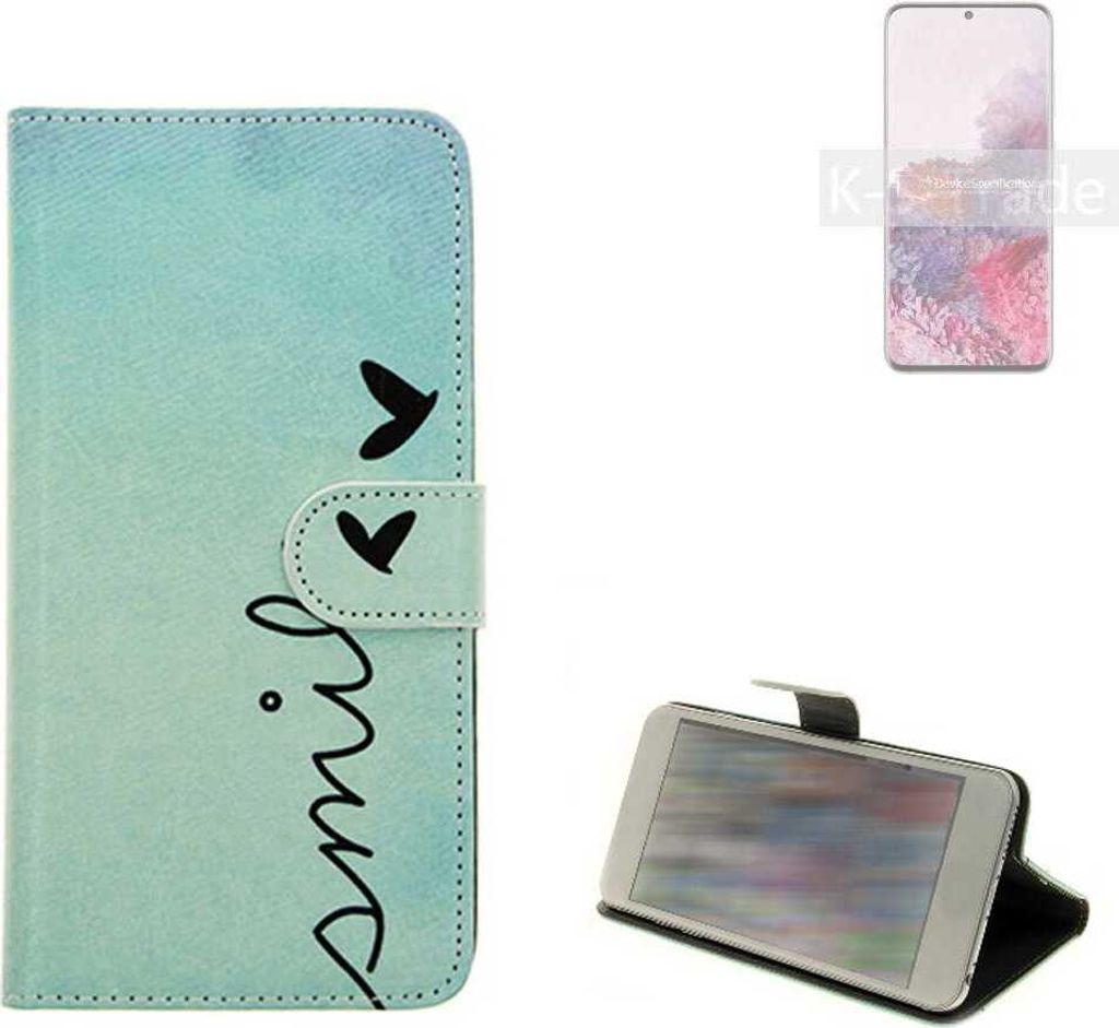 K-S-Trade Schutz Hülle Handy Hülle kompatibel mit Samsung Galaxy S20 5G SD865 Hülle Handyhülle cover bookstyle Etui Handyhülle ''smile'' türkis