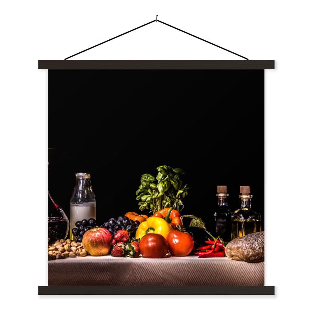 MuchoWow Textilposter Stilleben - Essen - Trinken - Obst - Schwarz 60x60 cm mit schwarzem Rahmen - Posteraufhänger