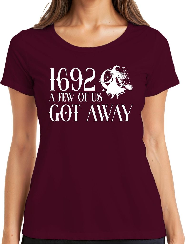 1692 A few of us got away Hexe Salem Halloween Besen Kostüm Spruch Damen T-Shirt, Burgundy, XL