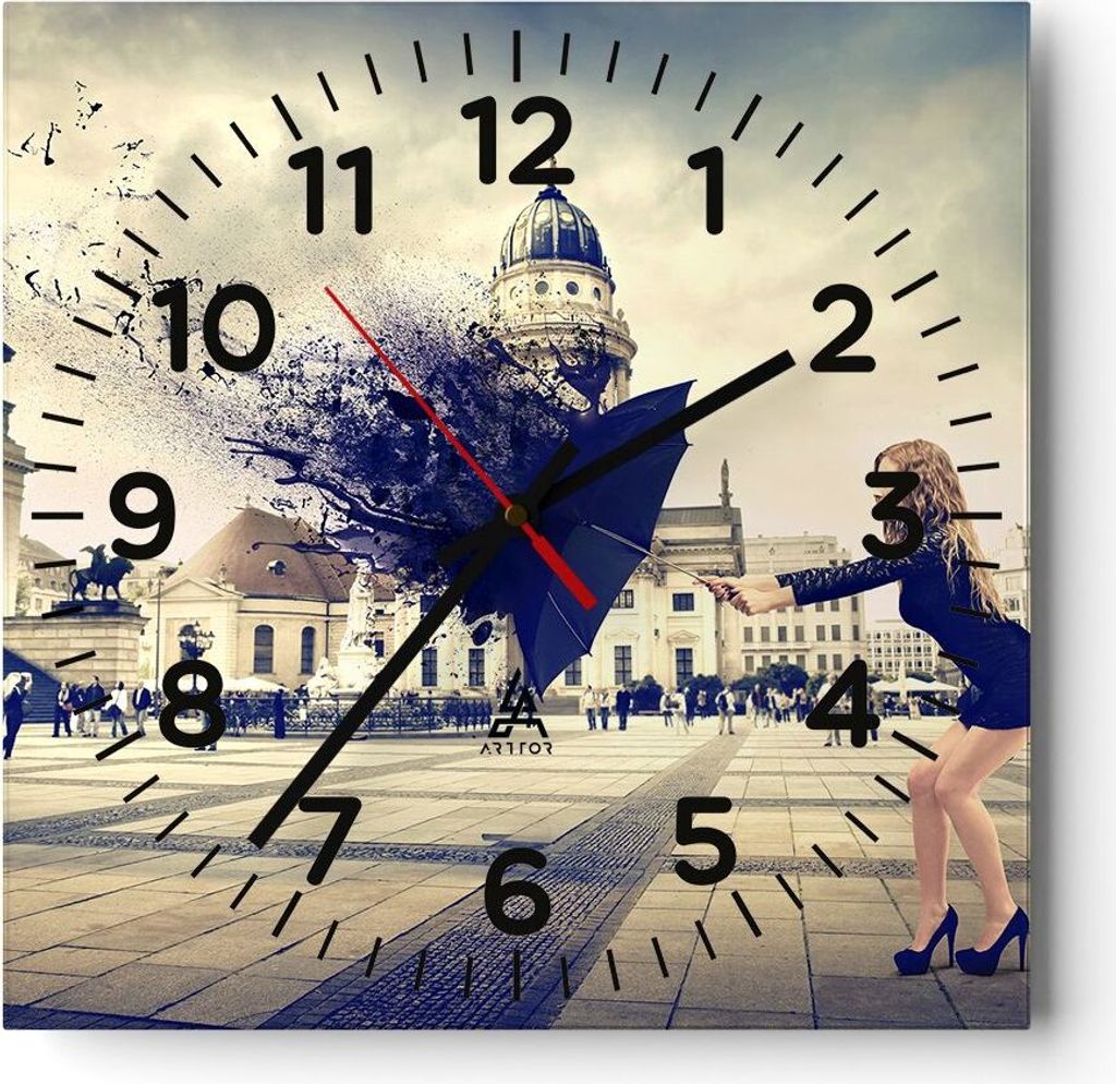 Wanduhr - Quadrat - Glasuhr - Stadt landmarken quadrat regenschirm - 40x40cm - Schleichendes Uhrwerk - Lautlos - zum Aufhängen bereit - Dekoration...