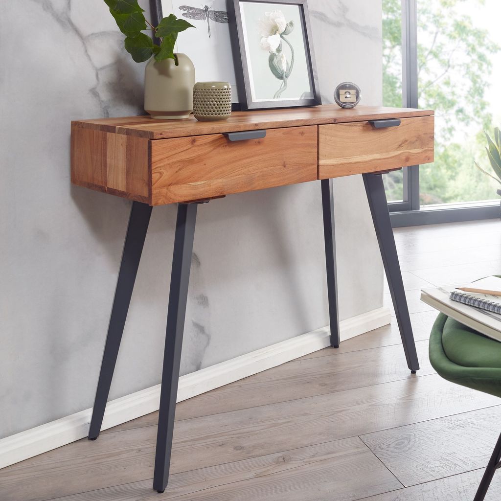 FineBuy Table console 90 x 78 x 36 cm acacia massif / métal Image du produit 