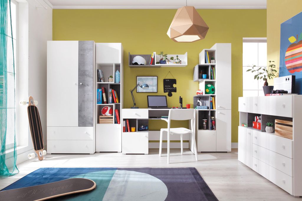 Schlafzimmer-Set – 6-teilig – SIGMA System – Kleiderschrank, Bücherregal, Regalschrank, Schreibtisch, Kommode & Regal – Weiß / Grau