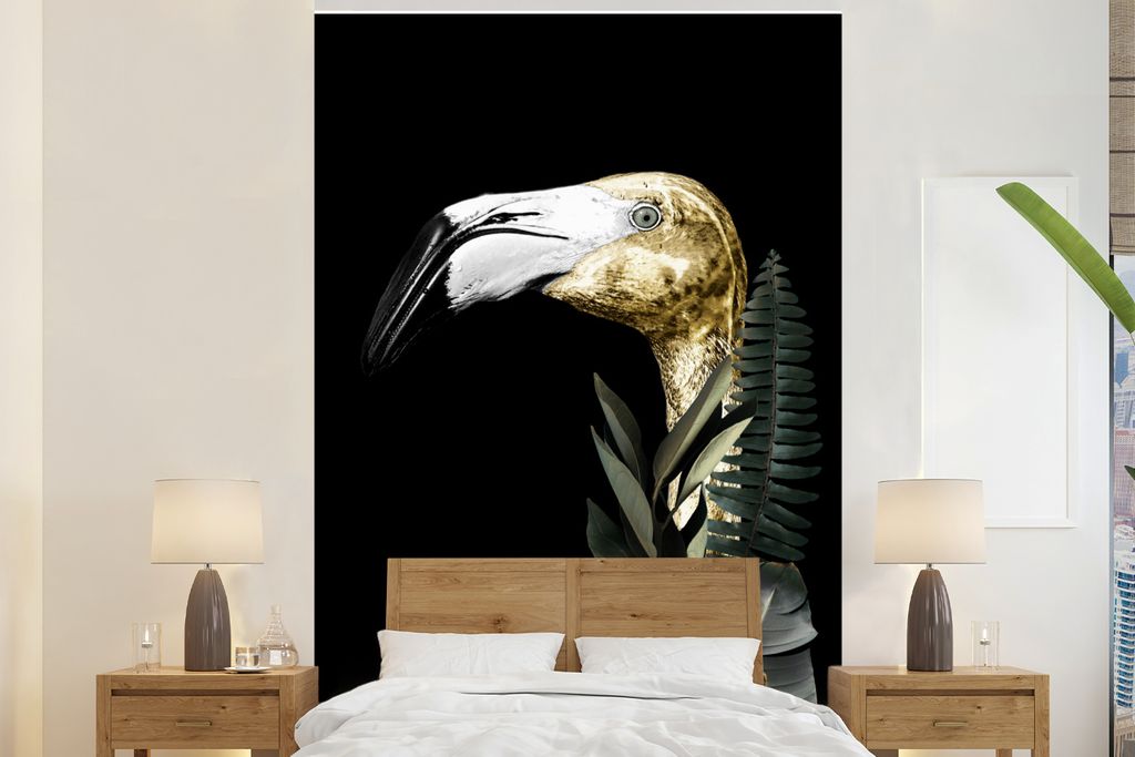 MuchoWow Fototapete für Wohnzimmer oder Schlafzimmer Wandtapete Vinyl Motivtapete Flamingo - Gold - Schwarz - 180x280 cm - Wallpaper