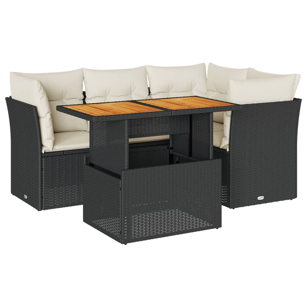 Modulares Gartenmöbel-Set, 5-teilige Lounge-Sitzgruppe mit Stauraum, verstellbarem Tisch, Poly Rattan Schwarz, Kissen Cremeweiß