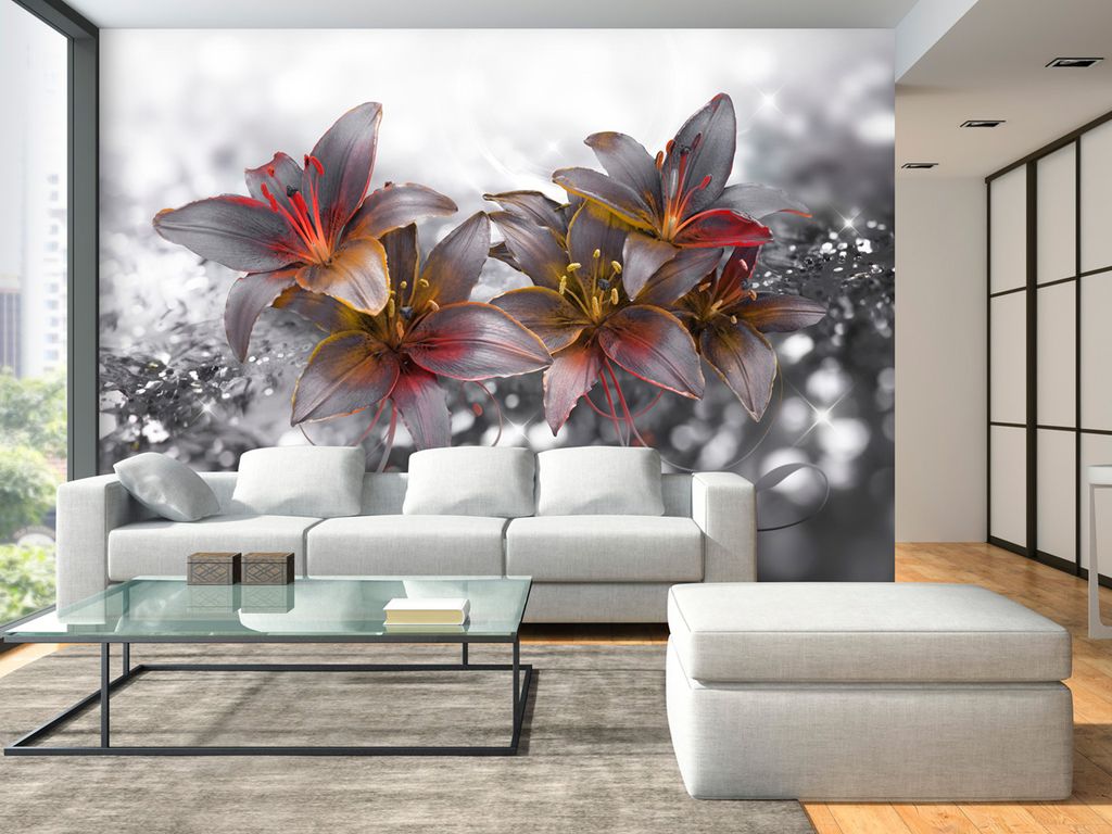 Vlies Fototapete Blumen Lilien 400x280 cm Tapeten Wandtapete XXL 3D Effekt optische Täuschung weiß grau rot orange b-A-0300-a-d
