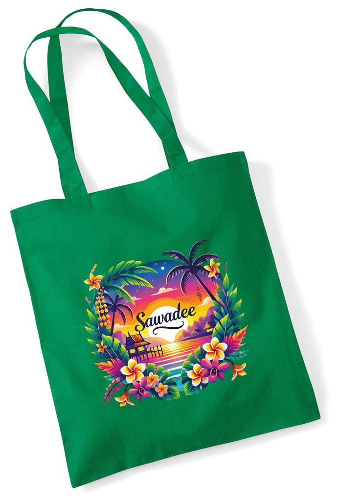 Huuraa Jutebeutel Sawadee thailändische Begrüßung 10 Liter Kelly Green Baumwolle Tasche Geschenkidee