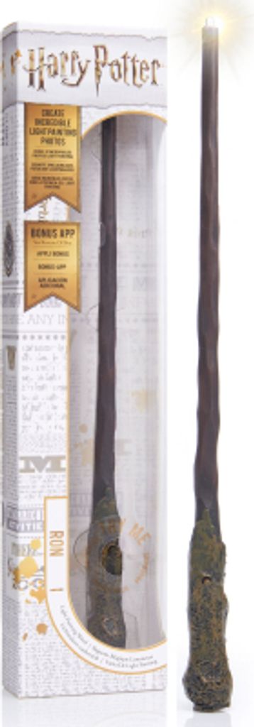 A Harry Potter Ron Weasley wand in its packaging, with the wand lit up.