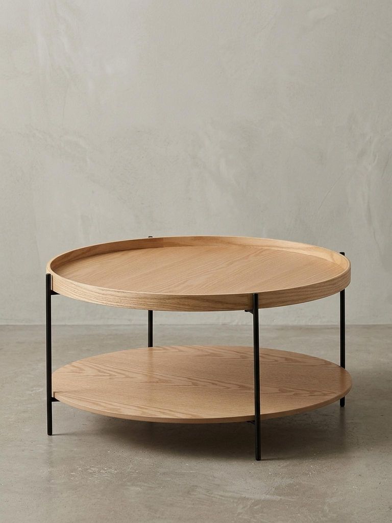Moderner runder Couchtisch mit zwei Ebenen aus Eichenholz Furnier und schwarzem Metallgestell, freigestellt vor weißem Hintergrund._#sku_BARWL6.491#