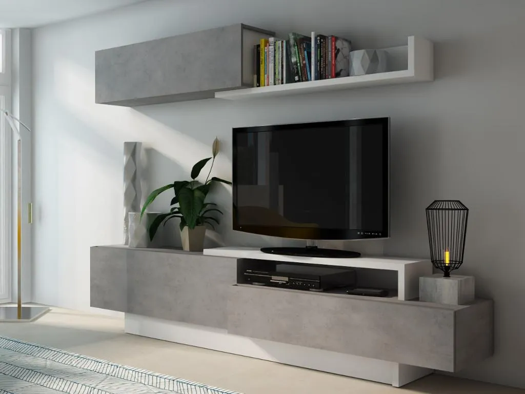 Banc TV bicolore MONTY imitation béton et blanc avec niches de tri