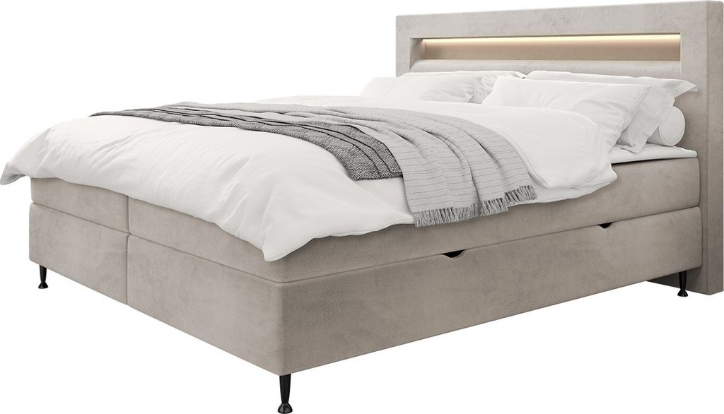 MIRJAN24 Boxspringbett Ovo, Ehebett mit zwei Bettkästen, Doppelbett mit Topper und Matratze, Beleuchtung (Farbe: Fresh 01, Größe: 140x200 cm)
