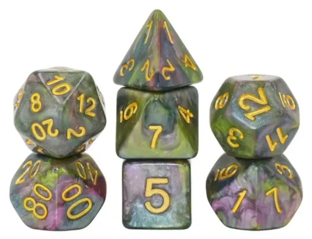 Dés de JDR Mystic Woodland Foam Brain Games aux finitions gravées