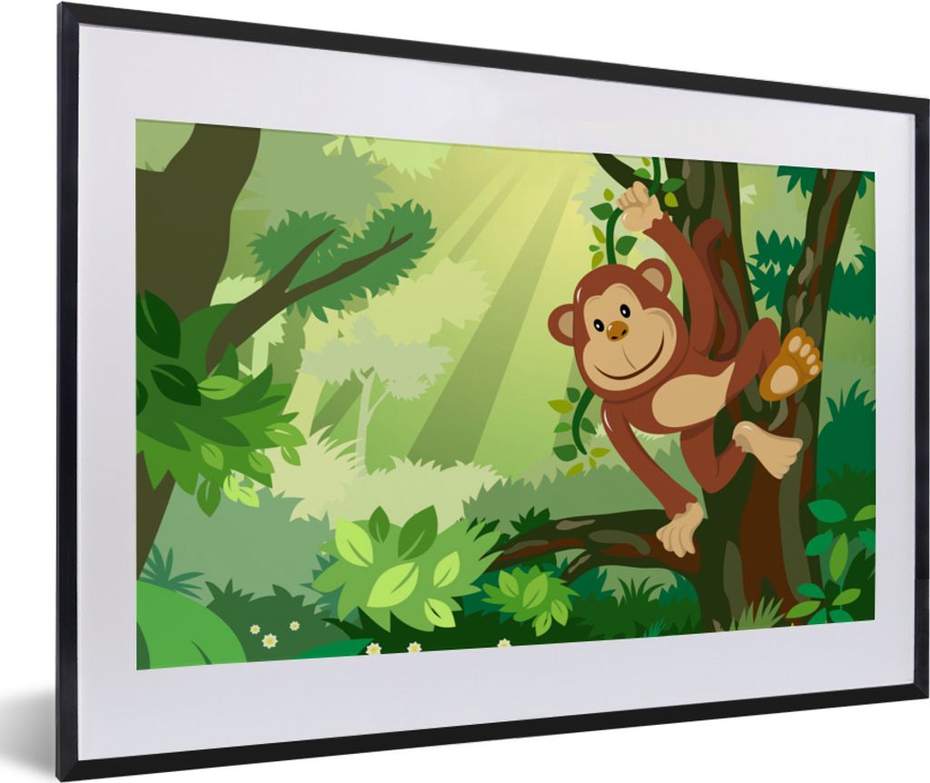 MuchoWow Gerahmtes Poster Affe - Dschungel - Jungen - Mädchen - Blumen - Kinder 60x40 cm - Poster mit Schwarzem Bilderrahmen Wandposter Rahmen F...