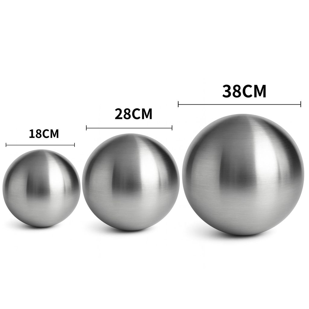 Three stainless steel spheres of different sizes are displayed on a white background, with measurements indicated above each sphere.