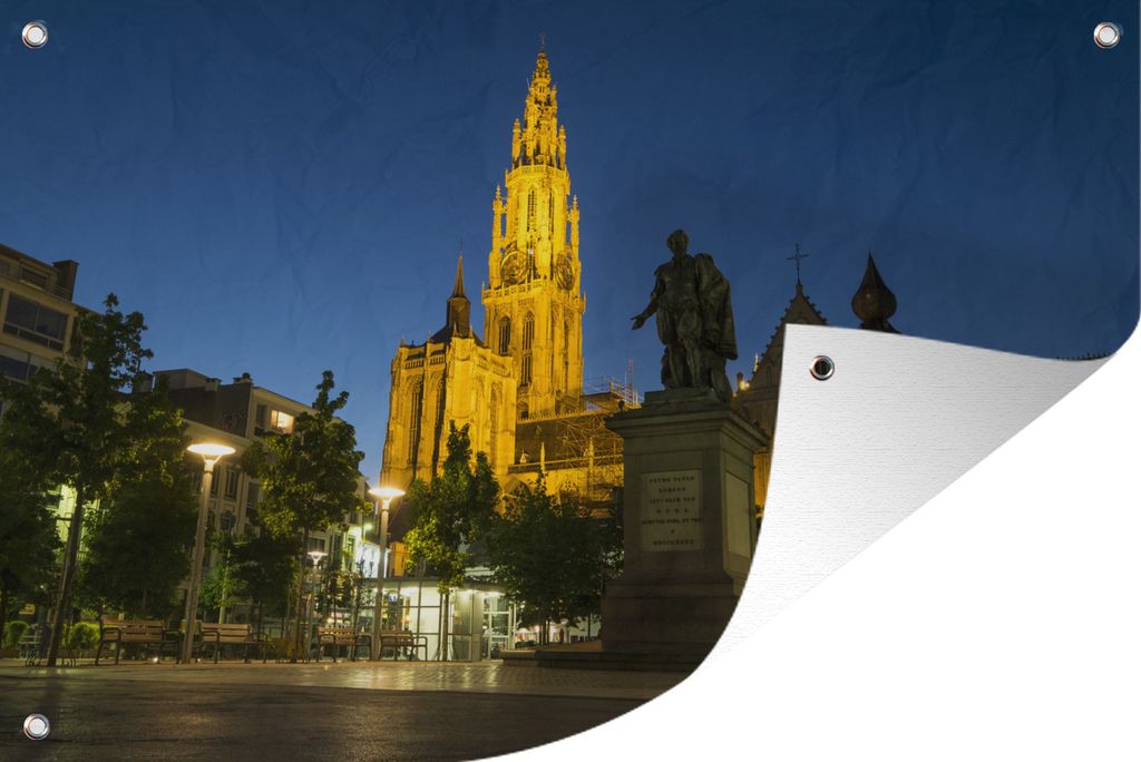 MuchoWow 90x60 cm Outdoor-Poster Gartendeko Sichtschutz Garten Poster für den Garten Statue - Nacht - Antwerpen