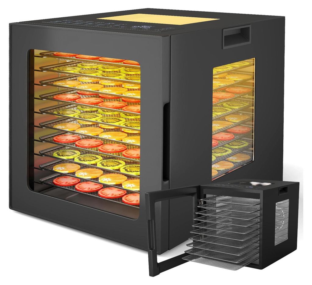 A black food dehydrator with multiple trays filled with sliced fruits and vegetables, shown from a slightly angled front view. A smaller, open version of the dehydrator is placed in the foreground.