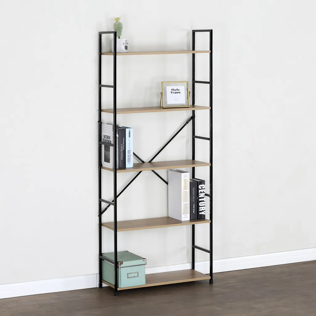 Meuble étagère bois et noir 5 tablettes chêne pour salon - Finition MDF