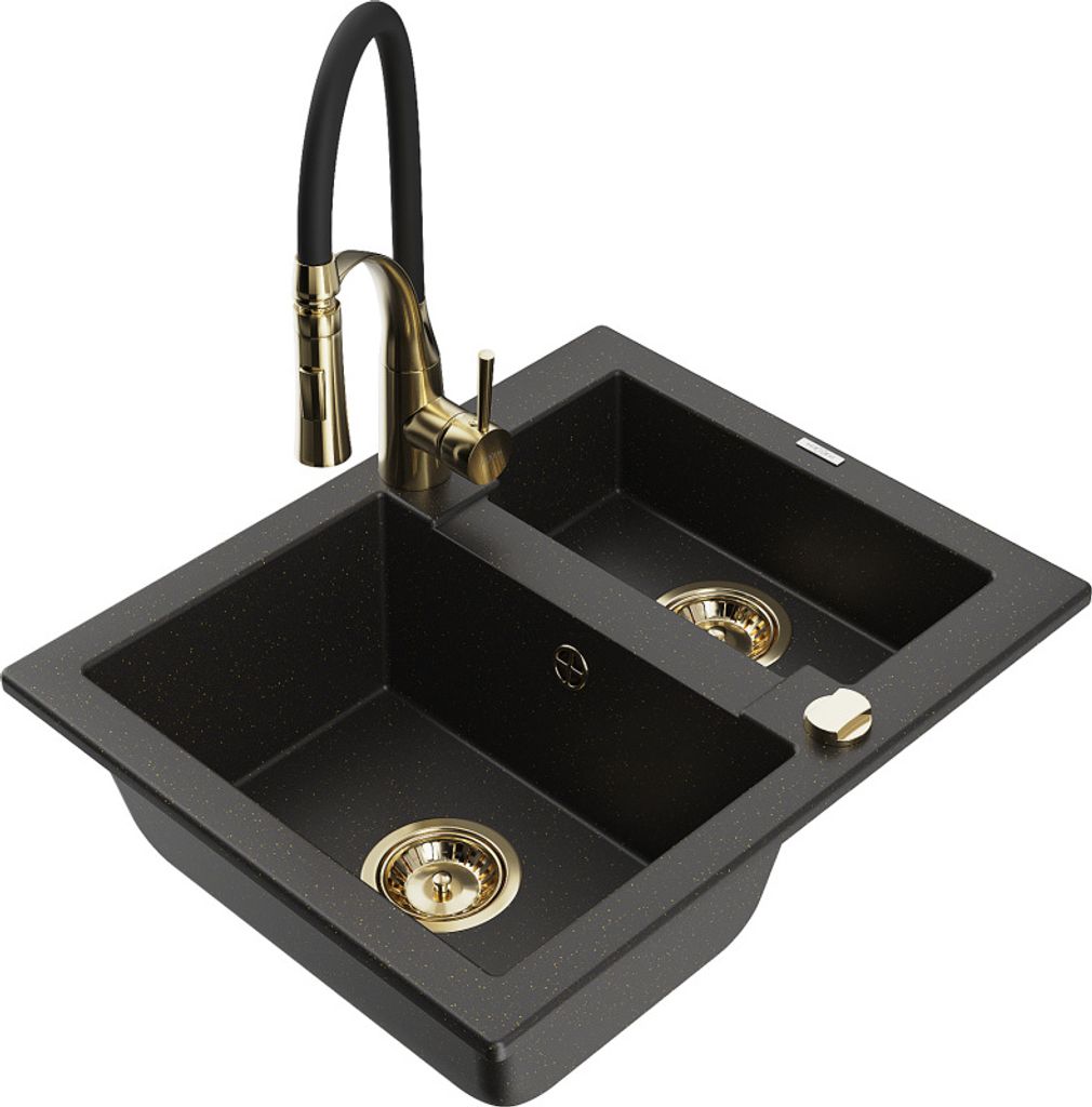 Mexen Carlos 1-Becken-Granit-Spüle mit Mischbatterie Aster, Schwarz/Gold metallisch - 6518-75-73450-57-G