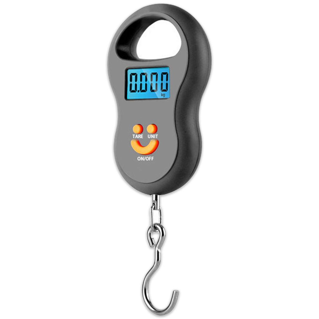 A hanging digital scale against a white background.