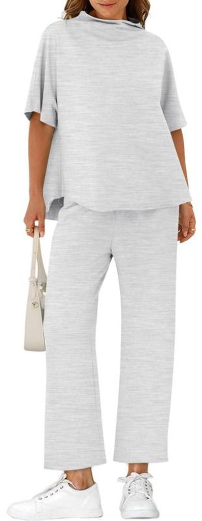 Imily Bela Damen-Zweiteiler-Set: Pullover-Top mit 3/4-Fledermausärmeln, Cape-Detail und Rundhalsausschnitt sowie Hose mit weitem Bein – Lounge-S...
