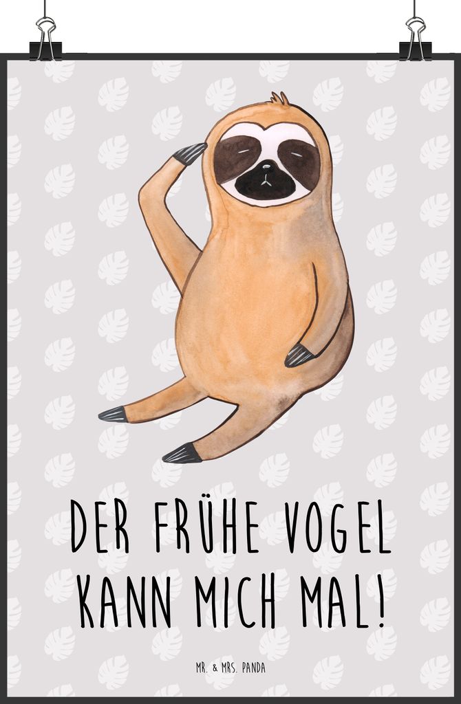 Mr. & Mrs. Panda Bild Faultier Vogel DIN A2 - Grau Pastell - Geschenk, Spinner, drucke, wanddeko, Früher, Posterdruck, Kunstdruck, Plakat, Faultiere