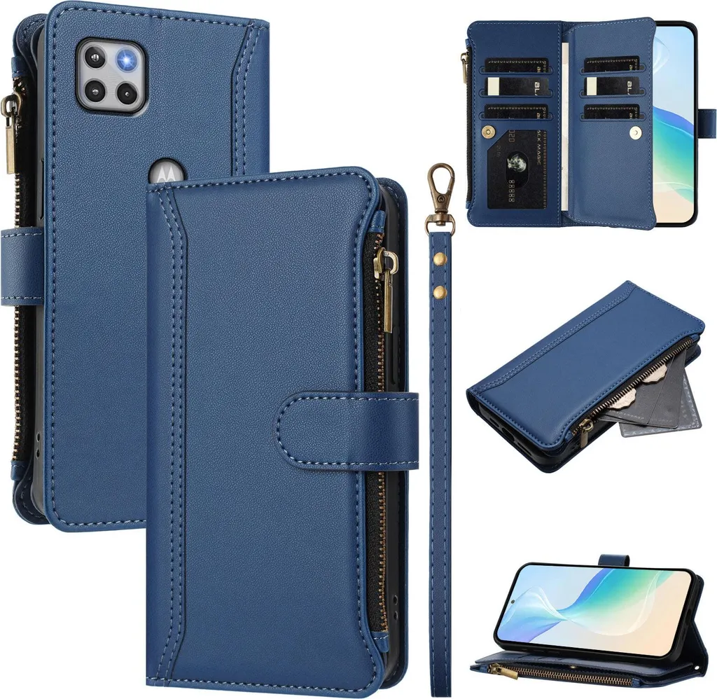 Custodia Motorola One 5G Ace Blu: Portafoglio in Pelle PU con Zip e Supporto