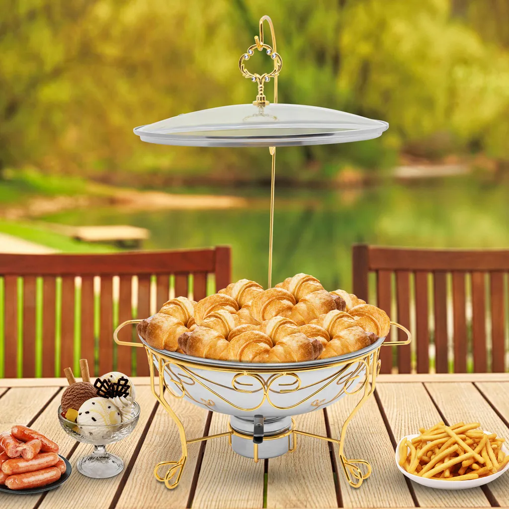Chafing Dish en Inox Doré Luxe avec Couvercle de Visualisation en Verre