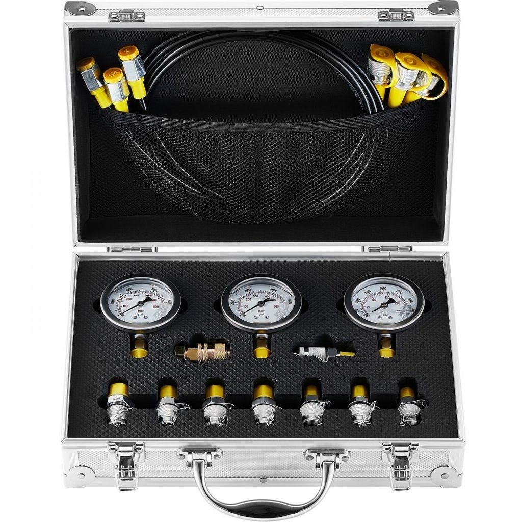 Hydraulikdruck-Testset - 250 / 400 / 600 bar, 3 Messgeräte, 9 Prüfkupplungen, 3 Prüfschläuche - Bagger-Hydraulik-Testmessgeräte-Set mit Traget...