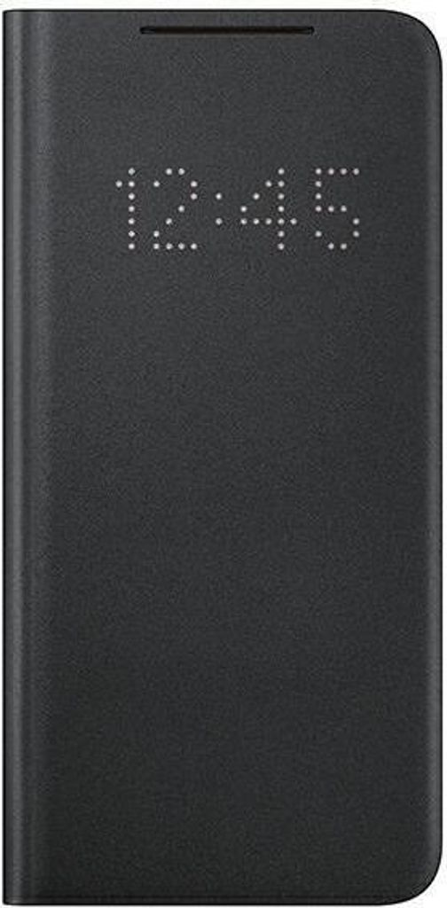 A black flip cover for a smartphone, displaying the time.