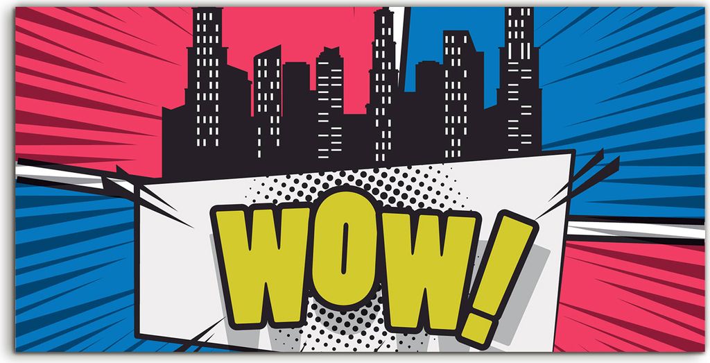 Coloray - Glasbild - 100x50 cm - Wandbild - Glasbilder - Kunst Comic mit Sprechblase und Stadt