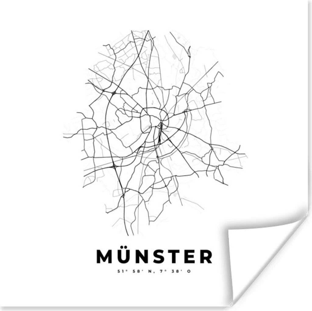 MuchoWow Poster Stadtplan - Schwarz-weiß - Karte - Münster - Deutschland - Karte 50x50 cm - Wohnzimmerdekoration