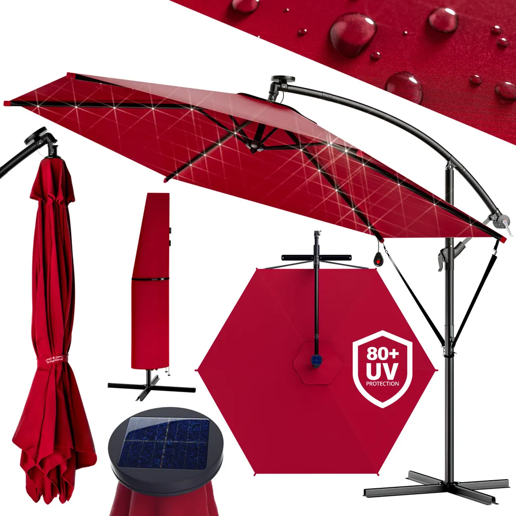 Parasol de jardin déporté 3m rouge - KINGSLEEVE inclinable avec LED