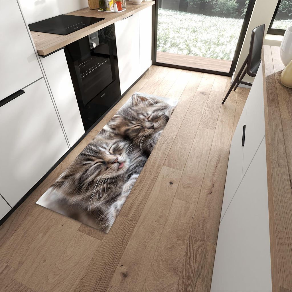 Küchenteppich 60x180cm rutschfest & abwischbar PVC Läufer - Schlafende Kätzchen