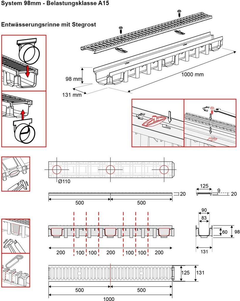 3m Entwässerungsrinne für modulares System A15 98mm, Produktbild 4