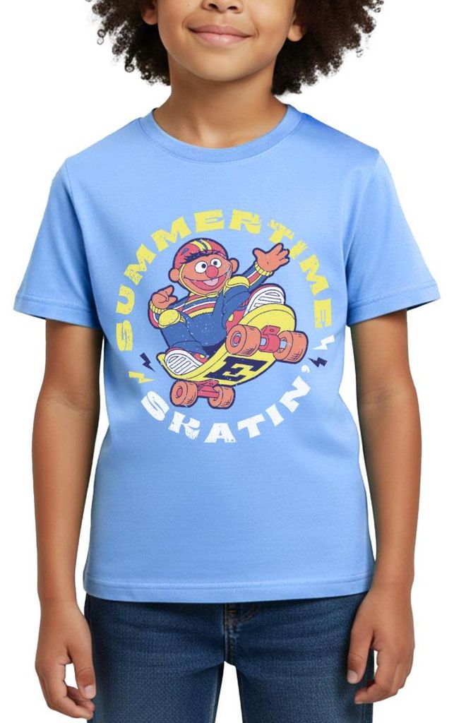 Spreadshirt Sesamstraße Ernie Summer Time Skatin' Skate Design Kinder T-Shirt, 98/104 (3-4 Jahre), Himmelblau
