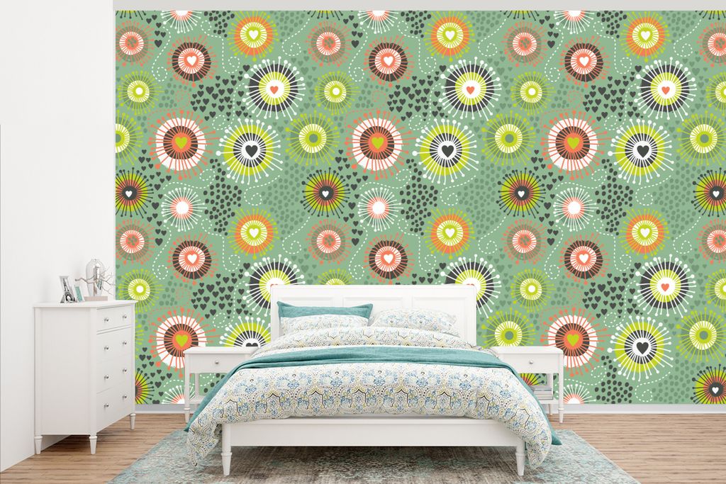 MuchoWow Fototapete für Wohnzimmer oder Schlafzimmer Wandtapete Vinyl Motivtapete Blume - Design - Herzen - 405x260 cm - Die Küche