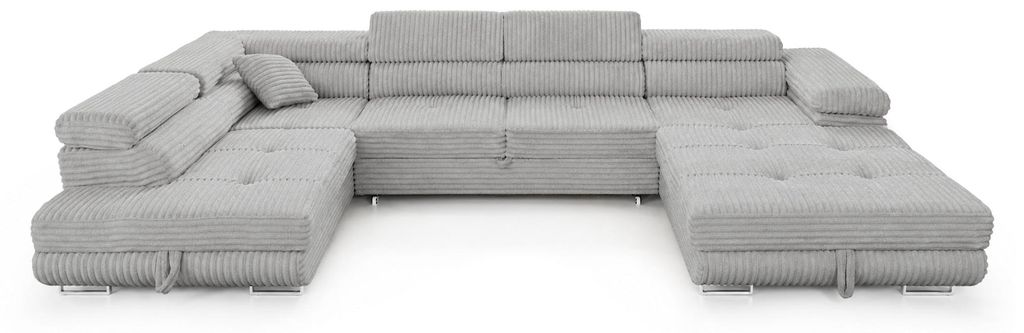 Wohnlandschaft Cordo U-Form XXL 345 cm Schlaffunktion 2 Bettkästen Breitcord Hellgrau Links