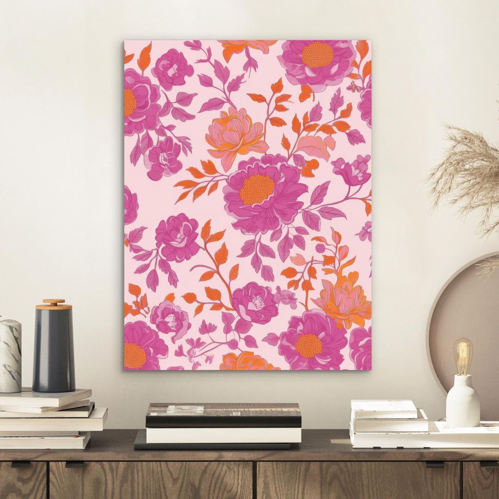 MuchoWow Wanddekoration Metall Metallbild Wandkunst 30x40 cm Florales Muster - Rosa - Orange - Blumen MuchoWow Aluminium Gemälde - Bilder