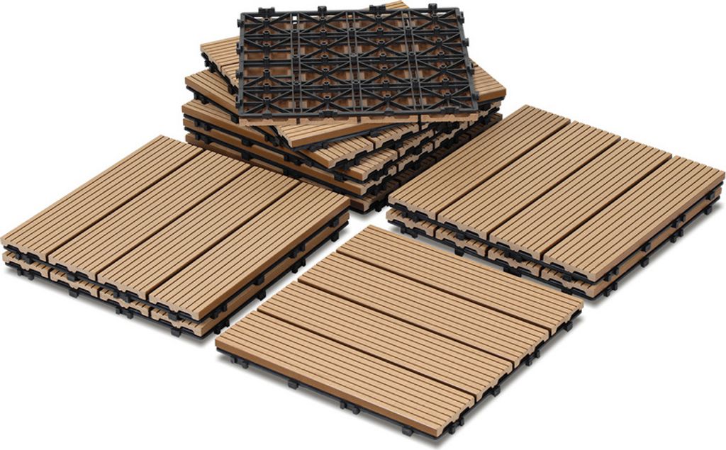 Clanmacy 11x WPC Terrassenfliesen mit Drainage und Klicksystem Balkon Garten 30x30cm Teak