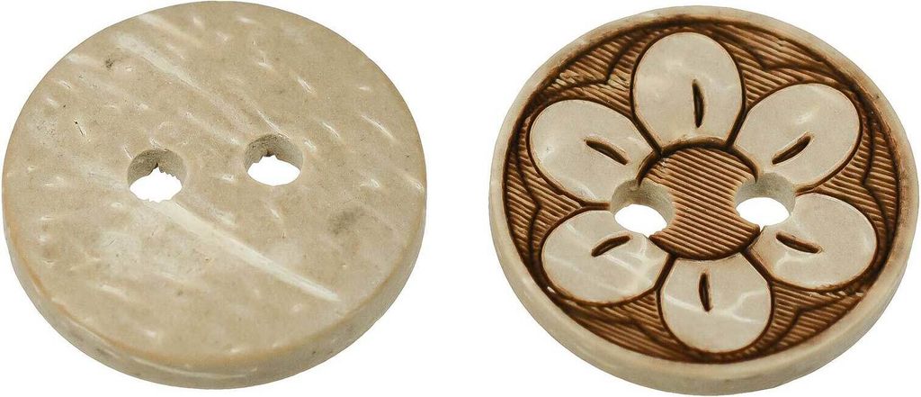 10 Holzknöpfe 1,5 cm, 2-Loch, Motiv Kokos Blume Blüte, braun