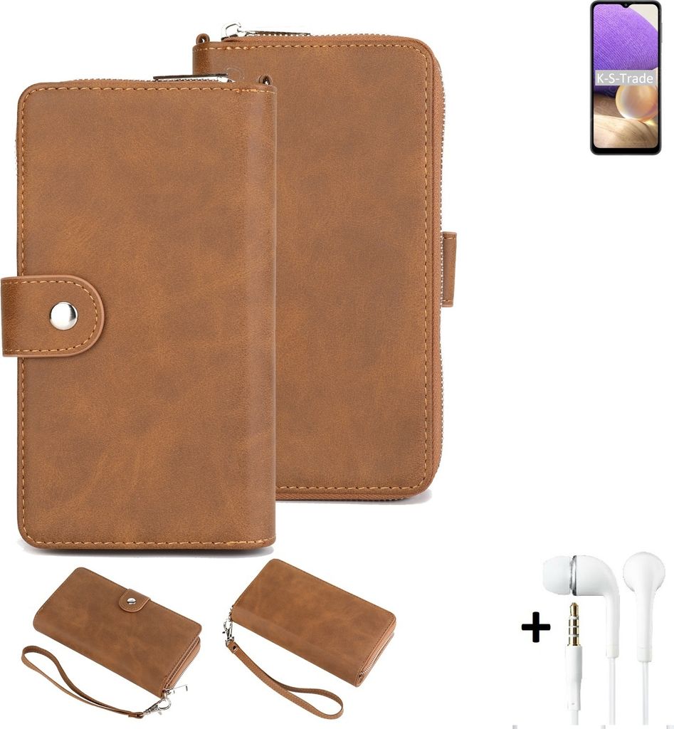K-S-Trade Handy Schutz Hülle kompatibel mit Samsung Galaxy A32 5G + Kopfhörer Portemonnee Tasche Wallet-Case Bookstyle-Etui braun (1x)