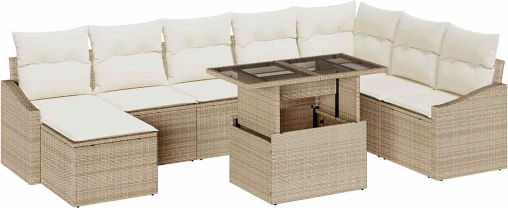 SYFAX Garten-Sofa-Set mit Kissen mit Speicher 9 pcs Beige und Creme