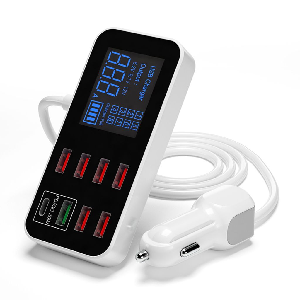 A9S+ 8-Port USB-Autoladegerät, Schnellladegerät fürs Auto, LCD-Display, ultradünner USB-Hub für Smartphones, Tablets und DVRs