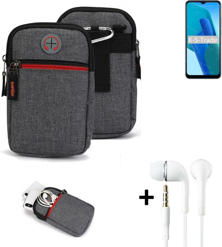 K-S-Trade Gürteltaasche + Kopfhörer kompatibel mit Oppo A16e Handy Tasche Holster Schutz Hülle Handy Hülle grau Zusatzfächer 1x