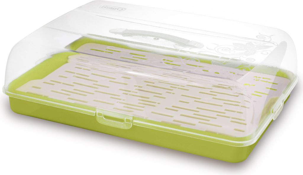 A clear product shot of a green and clear plastic bread box with a white perforated insert.